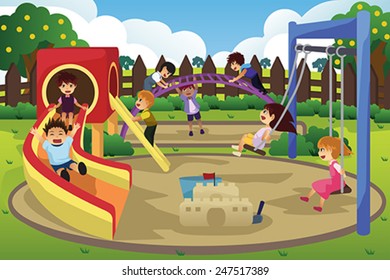 A vector illustration of children playing in the playground