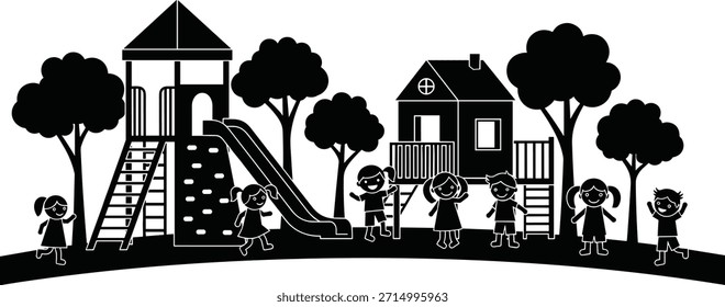 Ilustración vectorial de los niños que juegan en patio, toboganes y árboles, diversión al aire libre de la actividad, niños felices en parque, escena del Ocio de la infancia, diseño de la silueta