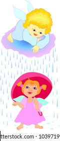 vector illustration of children playing with rain