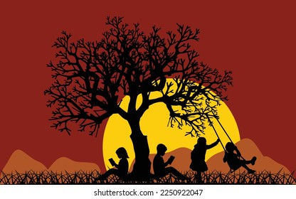 Vector illustration of children playing and reading under a tree at sunset background.