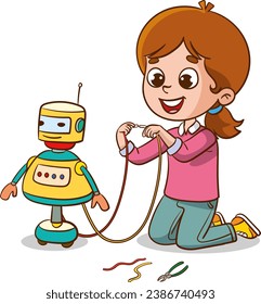 vector illustration of children playing with robot