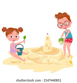 Ilustración vectorial de niños jugando con arena. Los niños construyen un castillo de arena. Caricatura