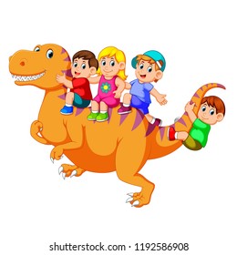 vector illustration of the children playing and sitting on the big Tyrannosaurus Rex's body and some of them holding his tail