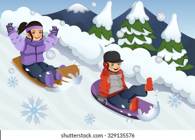 A vector illustration of children playing sledding in the snow