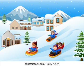 Vector illustration of Children playing sledding in the snow