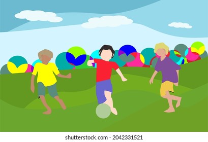 vector illustration of children playing soccer on the village field, abstract design suitable for room decoration, web banner, business presentation, branding package, fabric print, wallpaper, etc.