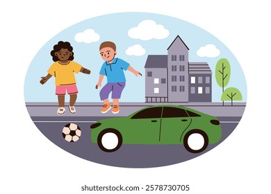 Vector illustration of children playing with soccer ball near td with moving car. Urban background with buildings, trees, and clouds. Child safety and traffic rules, flat cartoon characters