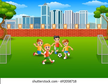 Vector illustration of Children playing soccer in the park