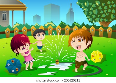 A vector illustration of children playing with sprinkler water in the summer