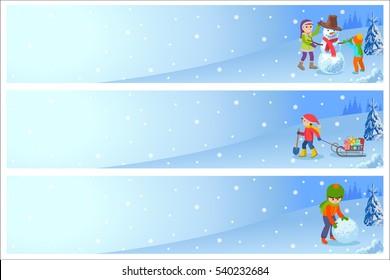 Vector illustration of children playing in the street in winter. Kids sculpts snowman. Horizontal flyers with landscape.