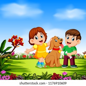 vector illustration of the children are playing with their dog around the flowers