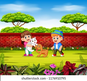 ilustración vectorial de los niños jugando con sus mascotas cerca de la pared roja