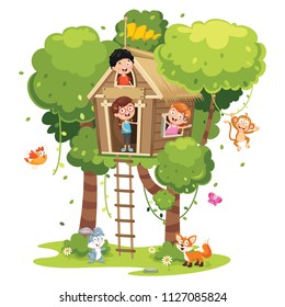 Vector Illustration Of Children Playing At Tree House