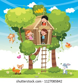 Vector Illustration Of Children Playing At Tree House