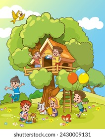 Ilustración vectorial de niños jugando en casa de árbol