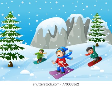 Vector illustration of Children playing winter sports in the hill