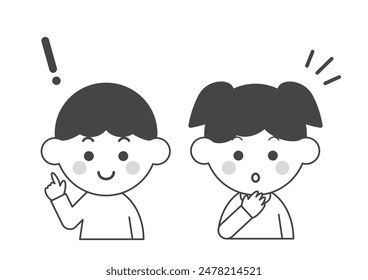 Ilustración vectorial de niños señalando. Niño sonriente. Chica que se dio cuenta. Blanco y negro. Imagen del descubrimiento y la conciencia.