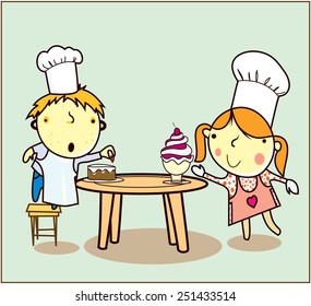 Vector illustration of children with preparing sweets.