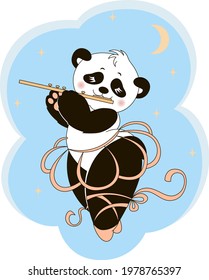 Vector illustration for children. Pretty cute panda girl dancing ballet and plays the flute. Cartoon character for childish card , poster,  birthday invitation, t-shirt print