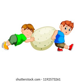 vector illustration of the children pull and move the big green dinosaur's egg