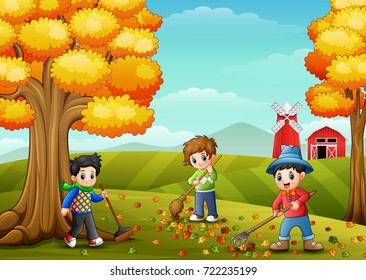 Vector illustration of Children raking leaves in the farmyard during fall season