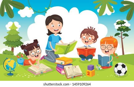 Vector Illustration Of Children Reading Book At Garden