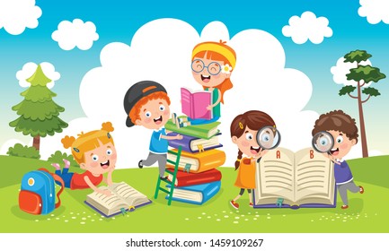 Vector Illustration Of Children Reading Book At Garden