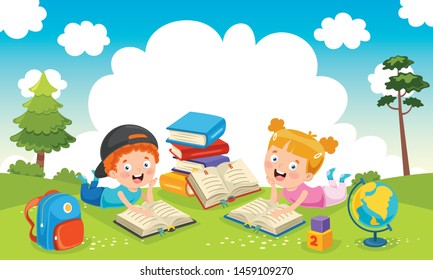 Vector Illustration Of Children Reading Book At Garden