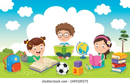 Vector Illustration Children Reading Book Garden Stock Vector (Royalty ...