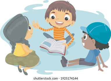 Vector Illustration of Children Reading a Book while sitting