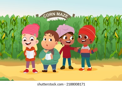 A Vector Illustration Of Children Reading Map In A Corn Maze During Fall Season