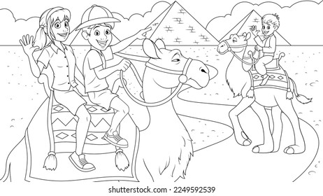 Vector illustration, children ride a camel, tourist trip, book coloring.