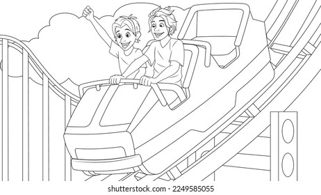 Vector illustration, children ride roller coaster, book coloring