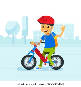 Vector illustration children riding bicycle in park city. Happy cartoon children with balance bike riding bicycle on the background of the city. Bicycle balance bike flat style. 