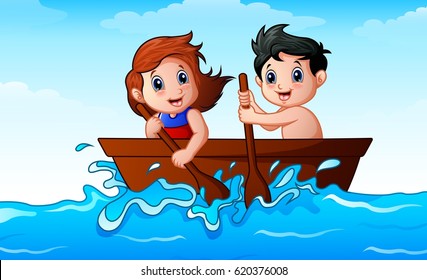 Vector illustration of Children rowing a boat in the ocean