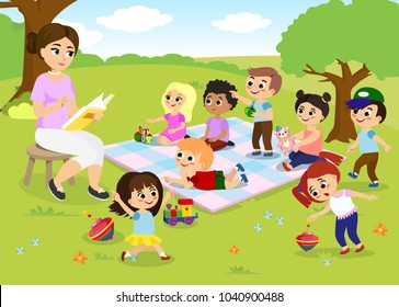 Vector illustration of children s activities at the summer camp, kids playing in the park, teacher is reading book for happy kids in flat cartoon style.