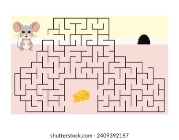 Vector illustration. Children s puzzle game. Help the mouse find the cheese and get out of the maze. Color illustration