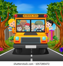 vector illustration of children of a school bus