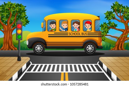 vector illustration of children of a school bus