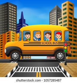 vector illustration of children of a school bus