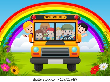 vector illustration of children of a school bus