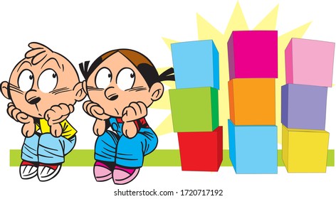 In the vector illustration, children with several multi-colored cubes.