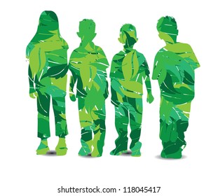 vector illustration of children silhouette in leaves
