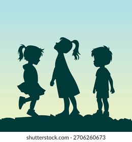 Vector illustration of children silhouette children children playing outside dark green flat design