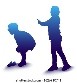 Vector illustration of children silhouettes. An isolated image of playing children. Girl puts on shoes. Girl with a raised hand.