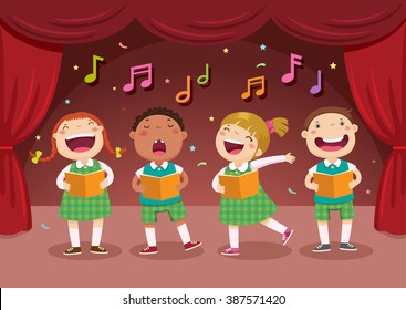 Vector Illustration Of Children Singing On The Stage