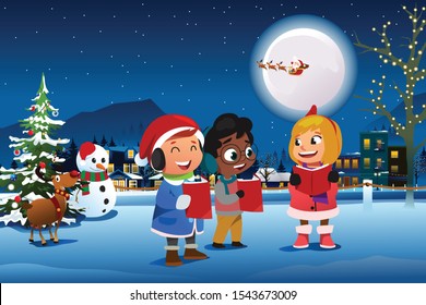 A vector illustration of Children Singing Outdoor During Christmas Season