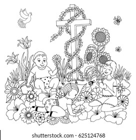 Vector illustration of children sitting in a clearing of flowers at the foot of the cross. The work is done manually. Coloring books antistress for adults and children.