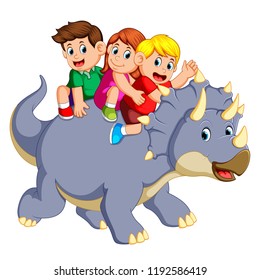 vector illustration of the children are sitting on the triceratops and waving their hand when it move