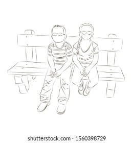 
Vector illustration of children. Children sitting on a bench. Resting teens. Boy and girl.
